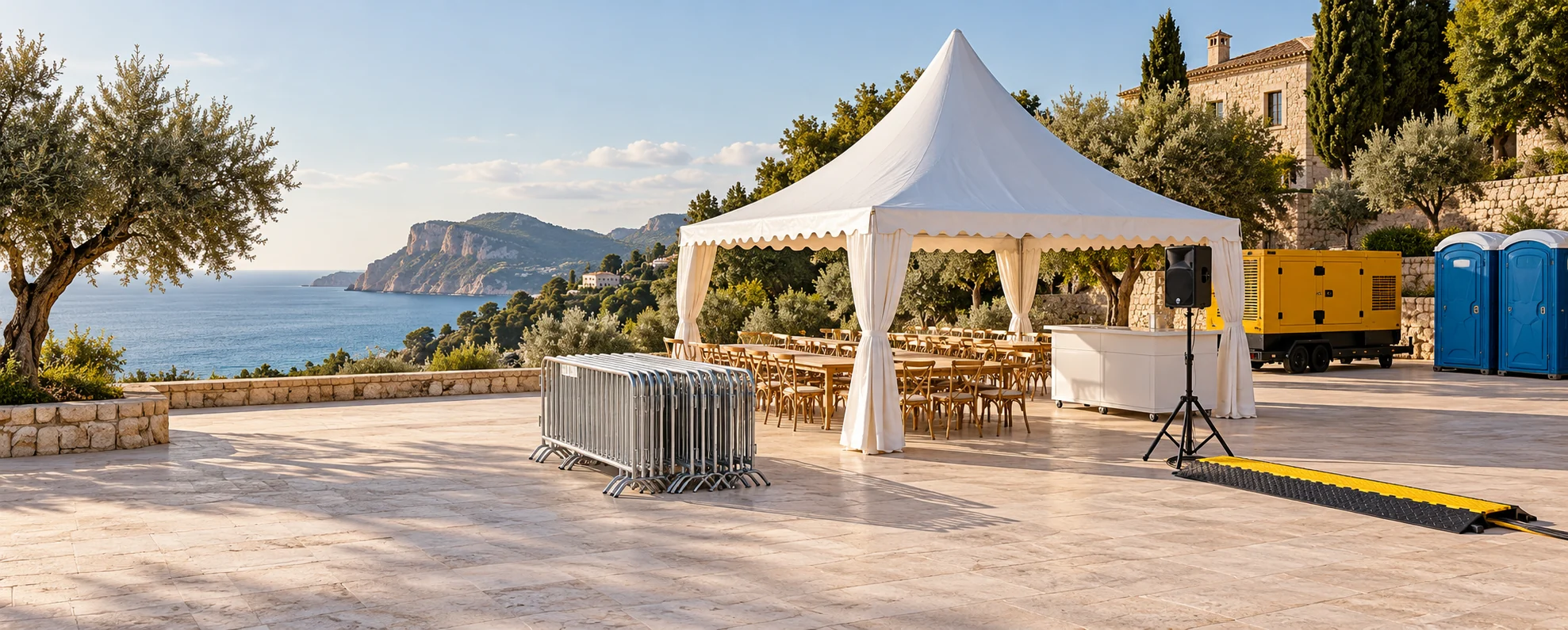 Eventverleih auf Mallorca mit Zelten, Stühlen, Tischen, Bar, Technik und Generator