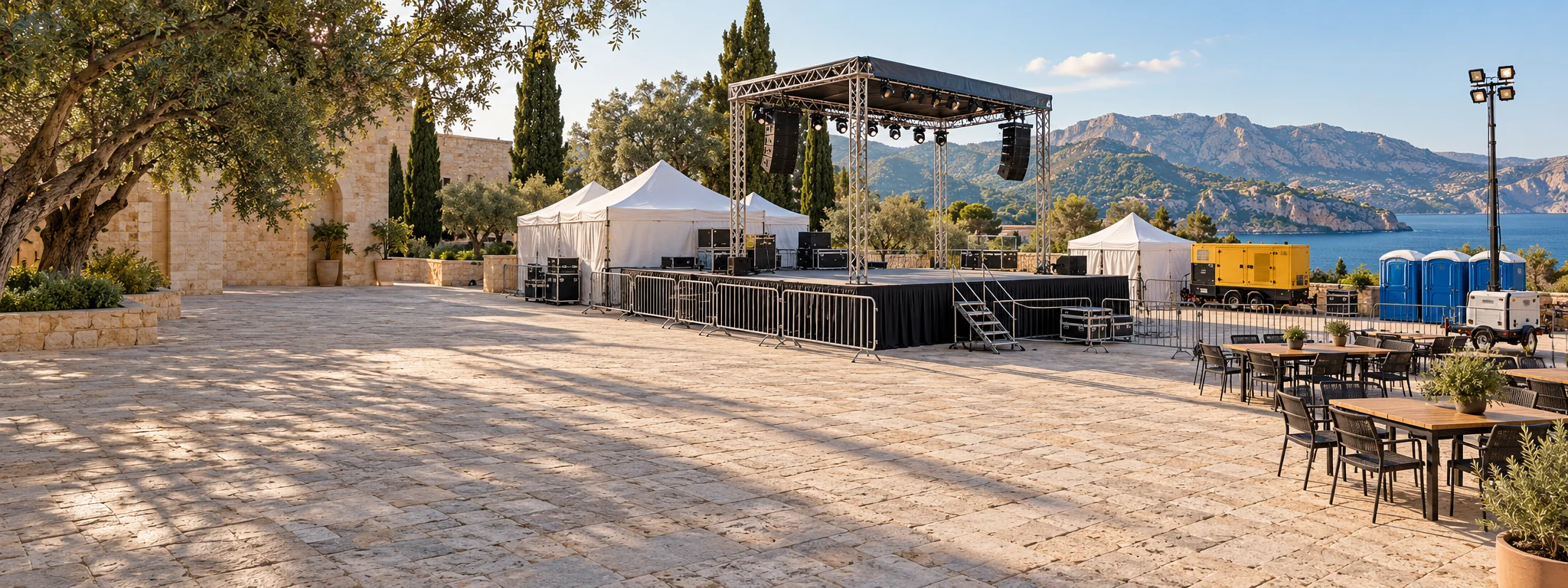 Eventausstattung für Festivals auf Mallorca mit Bühne, Absperrungen und Stromversorgung